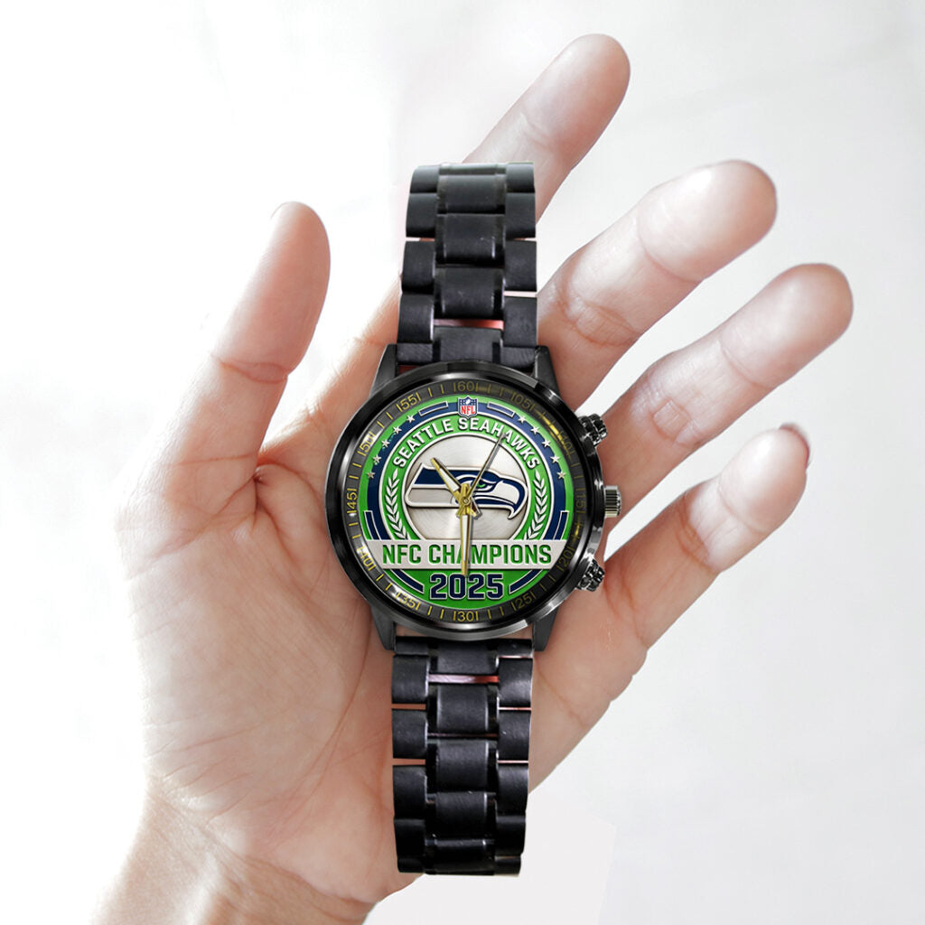 Seattle Seahawks 2025 NFC Champions Black Stainless Steel Watch - TANTN20679