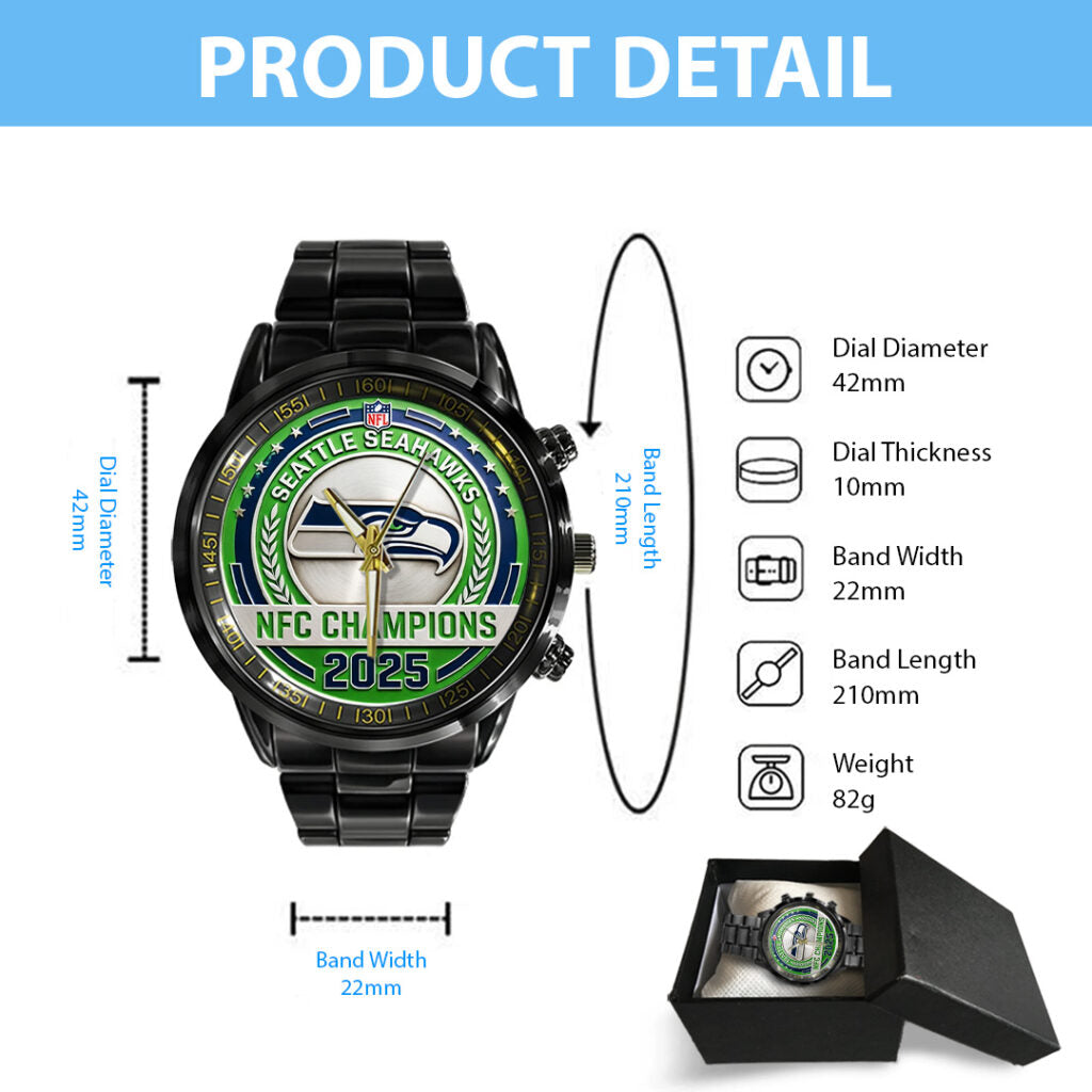 Seattle Seahawks 2025 NFC Champions Black Stainless Steel Watch - TANTN20679
