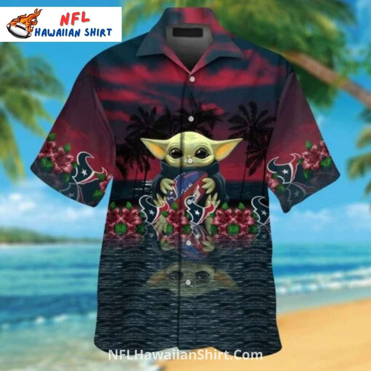 Texans Aloha Shirt – Baby Yoda Sunset Hibiscus Design