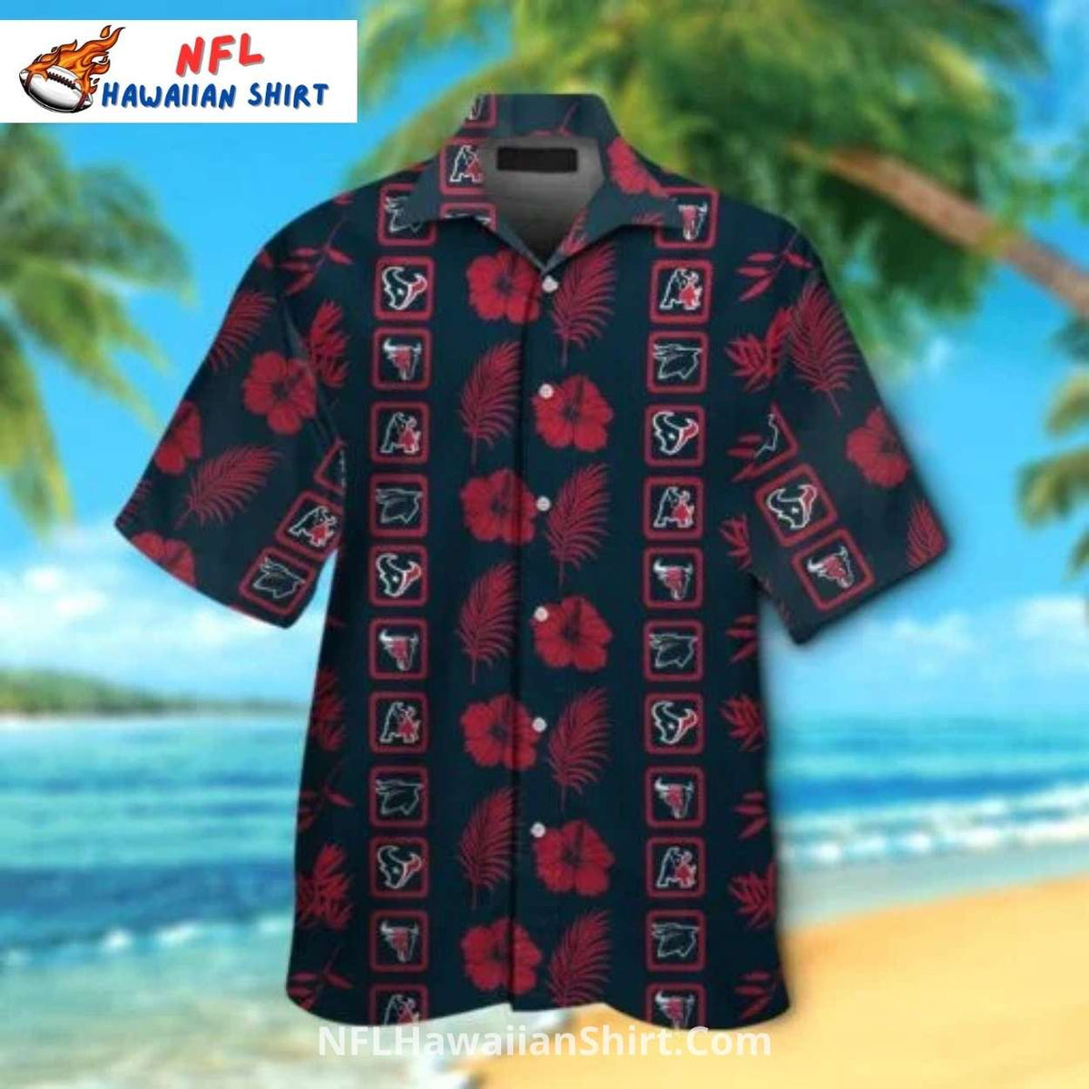 Texans Hawaiian Shirt Red Hibiscus And Palm Leaf Print
