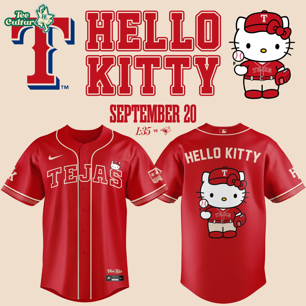 Texas Rangers x Hello Kitty Tejas City Connect Exclusive Baseball Jersey