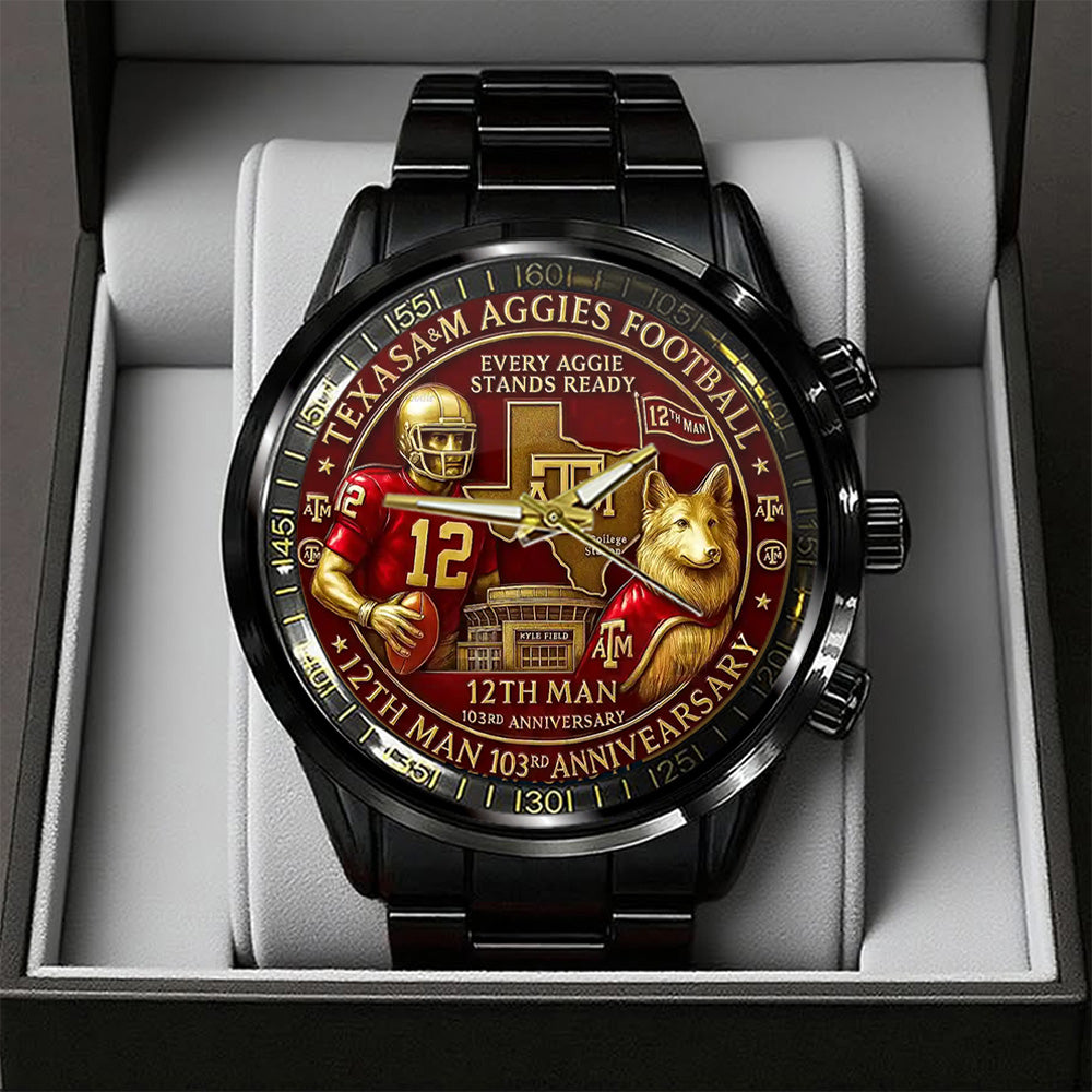 Texas A&M Aggies Football Black Stainless Steel Watch - TANTN17944