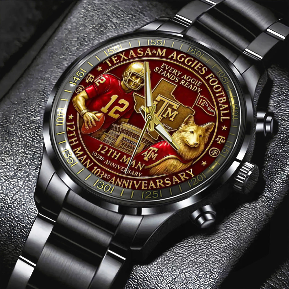 Texas A&M Aggies Football Black Stainless Steel Watch - TANTN17944