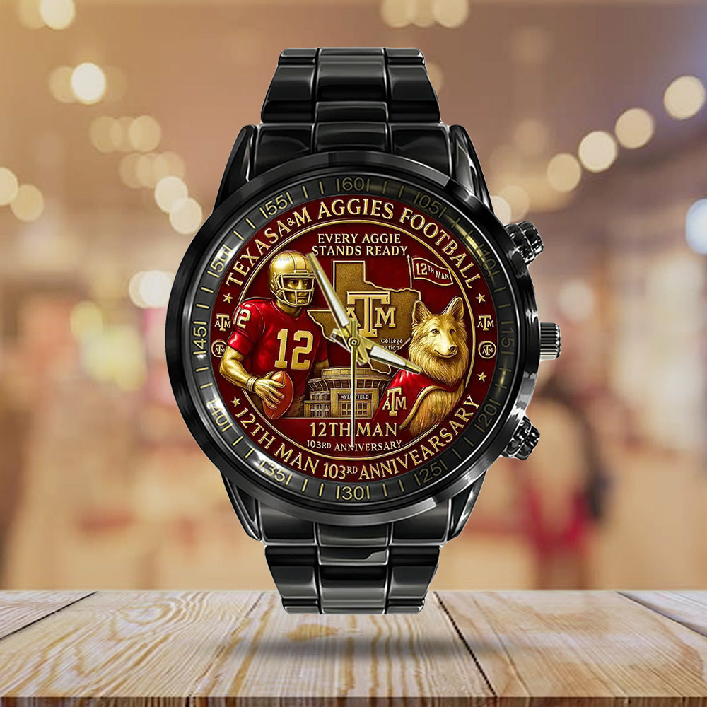 Texas A&M Aggies Football Black Stainless Steel Watch - TANTN17944