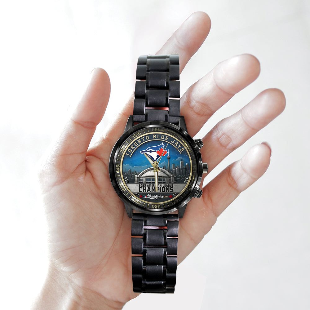 Toronto Blue Jays 2025 American League Champions Black Stainless Steel Watch - MAITM13762