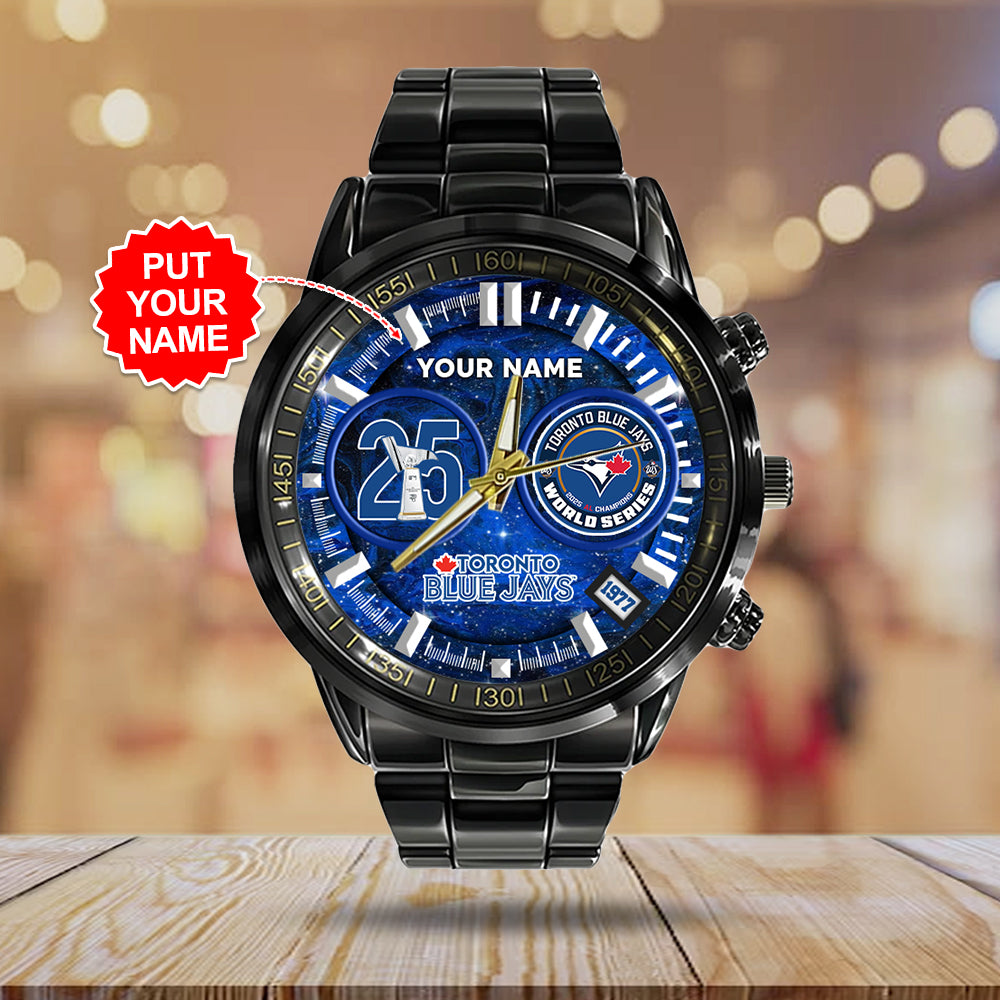 Personalized Toronto Blue Jays Black Stainless Steel Watch - GNENEW766