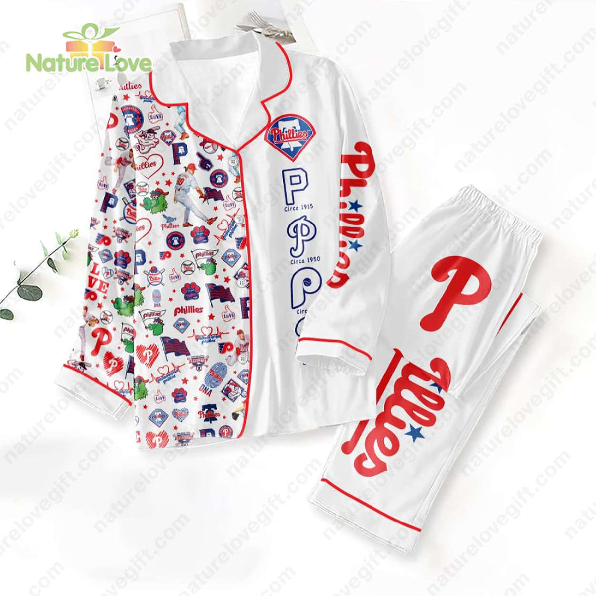 Philadelphia Phillies Baseball White Pajamas Set MLB Gift for Fans