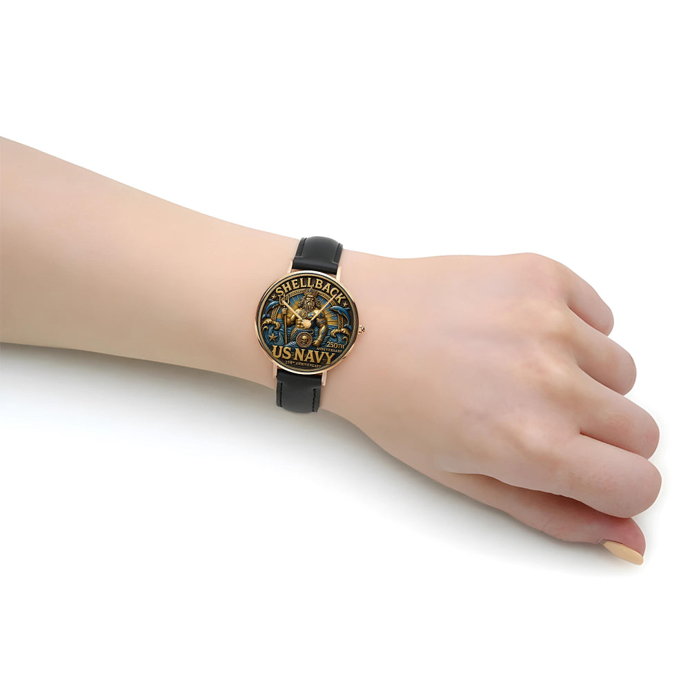 US Navy Black Stitched Leather Watch - MAITM12727