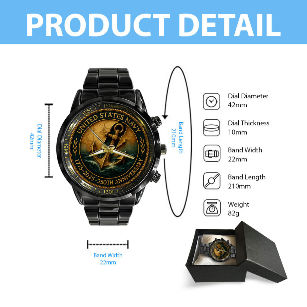 US Navy 250th Anniversary Black Stainless Steel Watch - HOATT13650