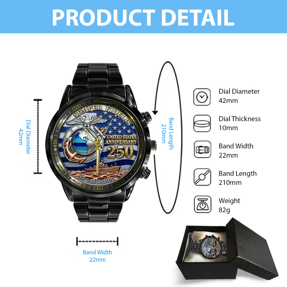 US Marine Corps 250th Anniversary Black Stainless Steel Watch - TMTHU1077