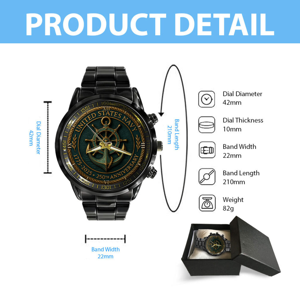 US Navy 250th Anniversary Black Stainless Steel Watch - HOATT13708