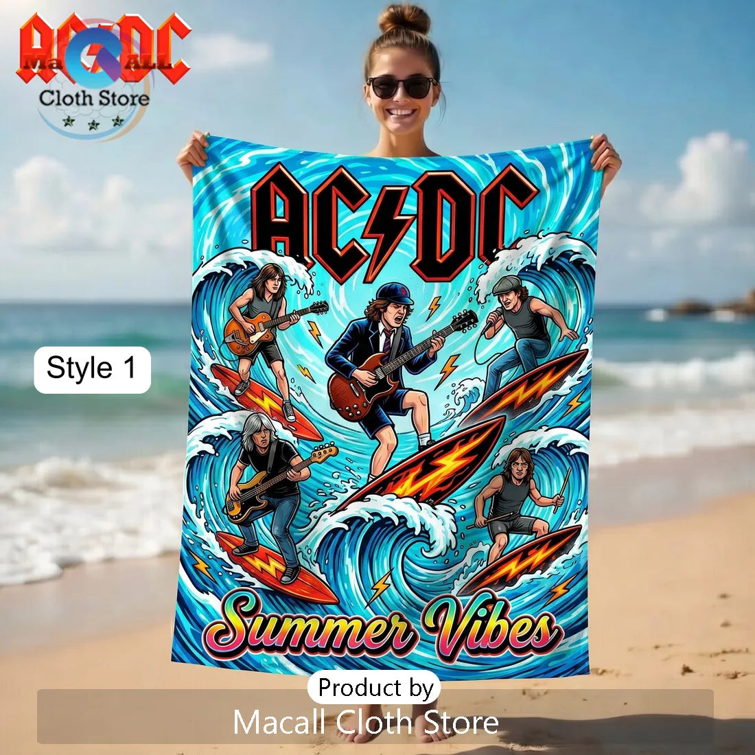 AC/DC Summer Surfing Rock Band Members Vibrant Cartoon Beach Towel