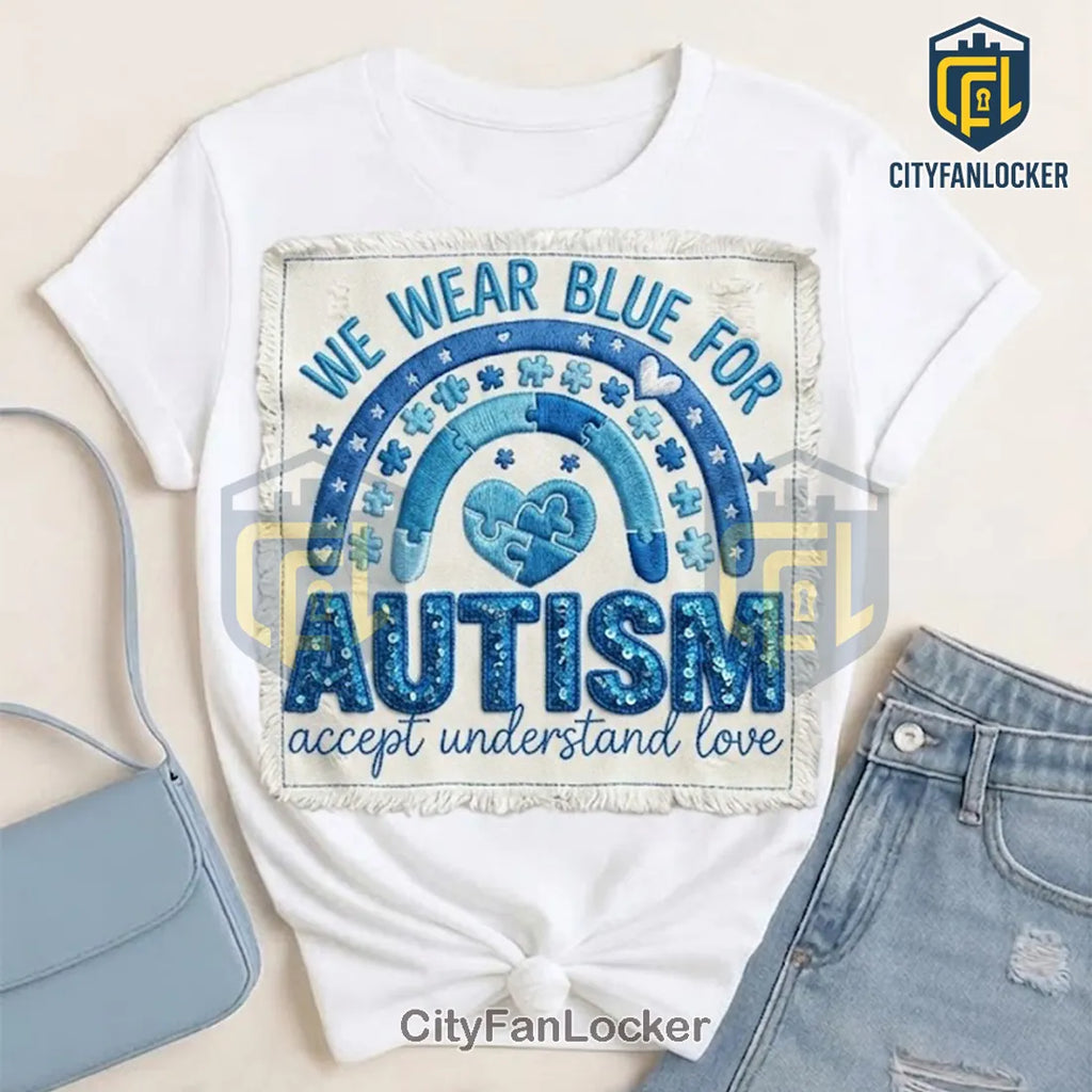 Autism Awareness Blue Puzzle Rainbow Sequin Patch Graphic T-Shirt