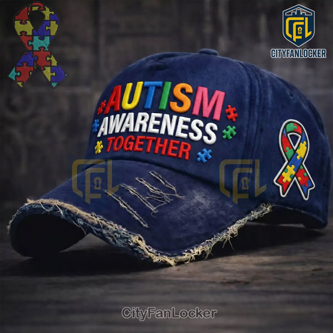 Autism Awareness Embroidered Distressed Baseball Cap