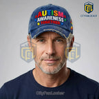 Autism Awareness Puzzle Ribbon Distressed Baseball Cap 2026