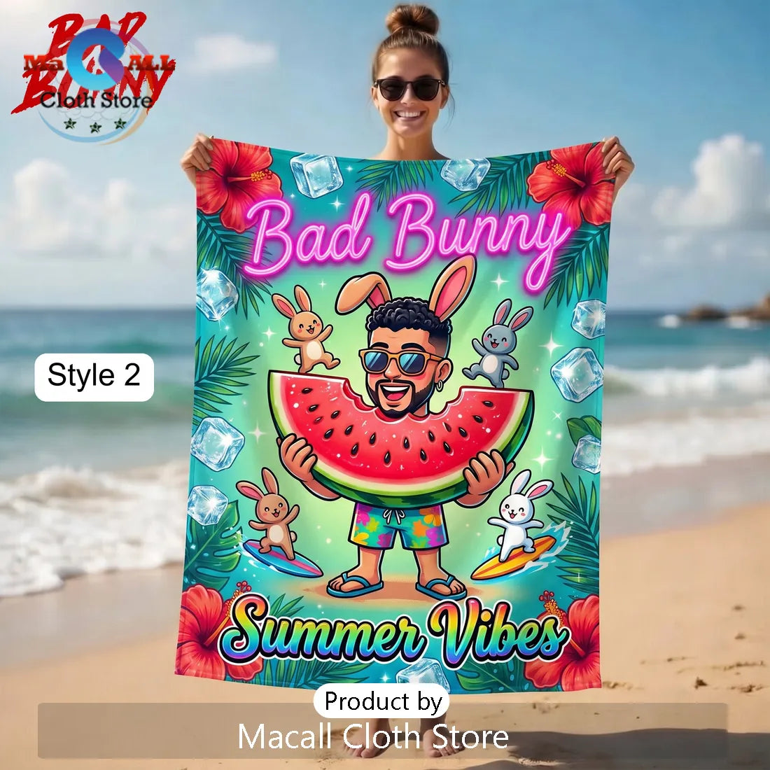 Bad Bunny Summer Vibes Vintage Car Tropical Premium Beach Towel
