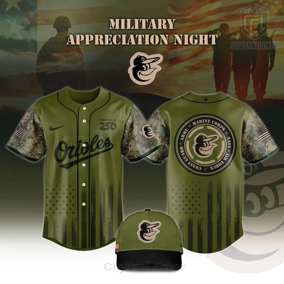 Baltimore Orioles Military Appreciation 2026 America 250 Baseball Jersey