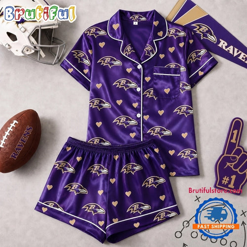 Baltimore Ravens NFL Logo Team Love Satin Short Sleeve Pajamas Set