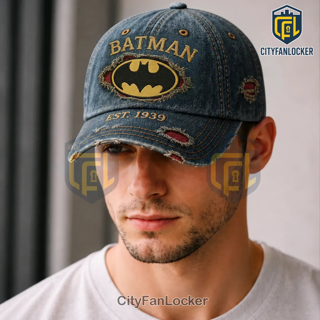 Batman Dark Knight EST 1939 Distressed Blue Denim Baseball Cap