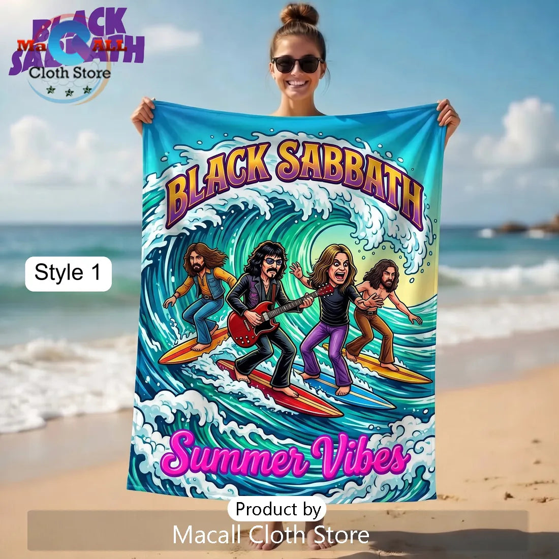 Black Sabbath Summer Vibes Surfing Cartoon Band Premium Beach Towel