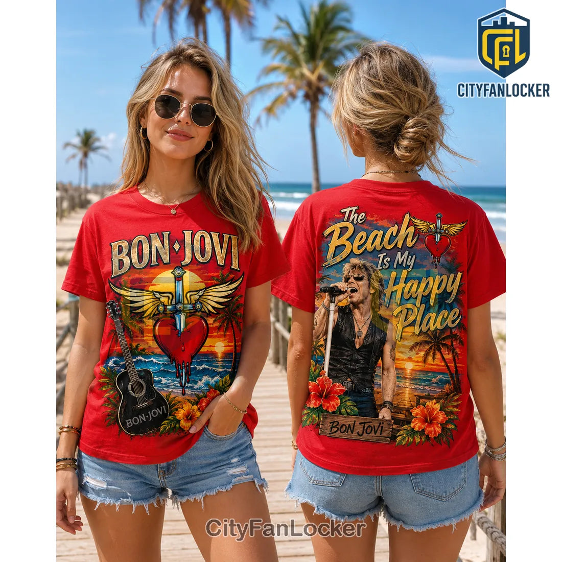 Bon Jovi Premium Beach Illustrated T-Shirt 2026