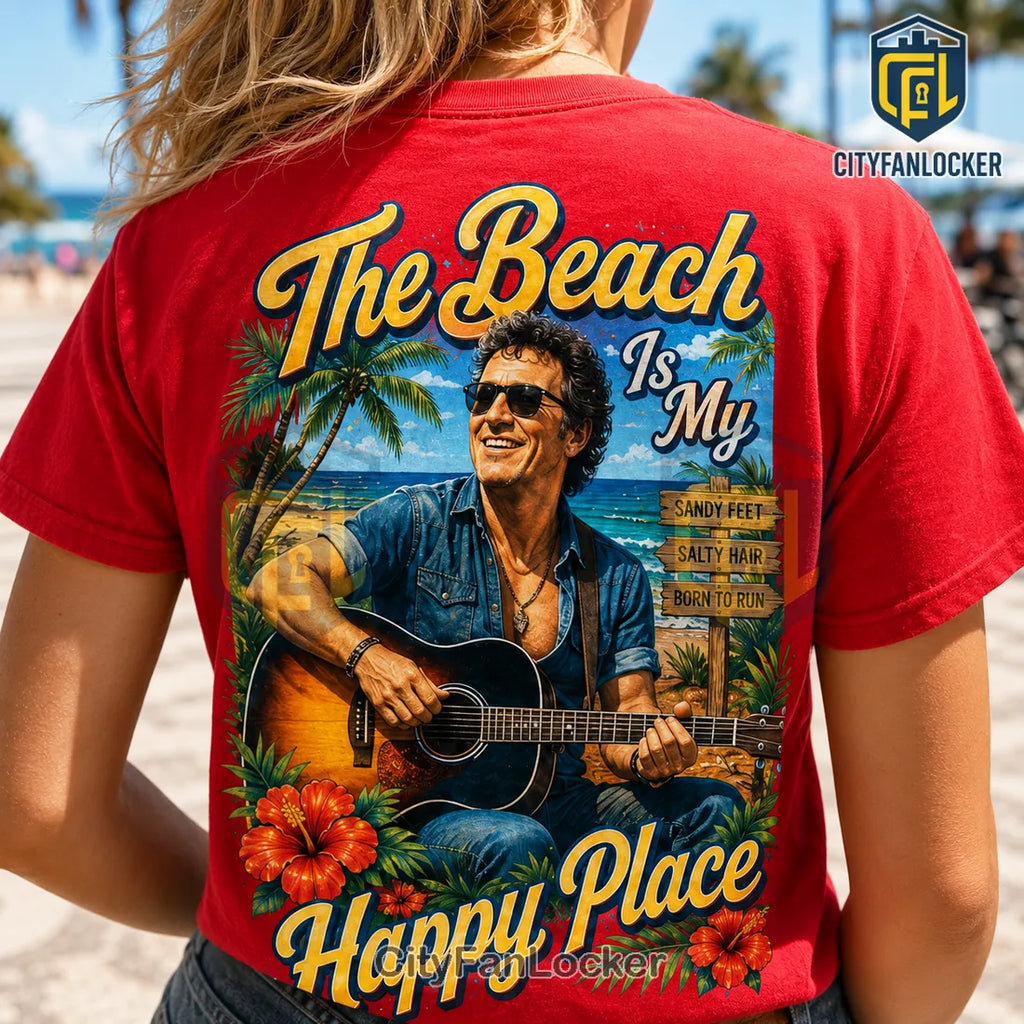 Bruce Springsteen The Beach Is My Happy Place Red T-Shirt