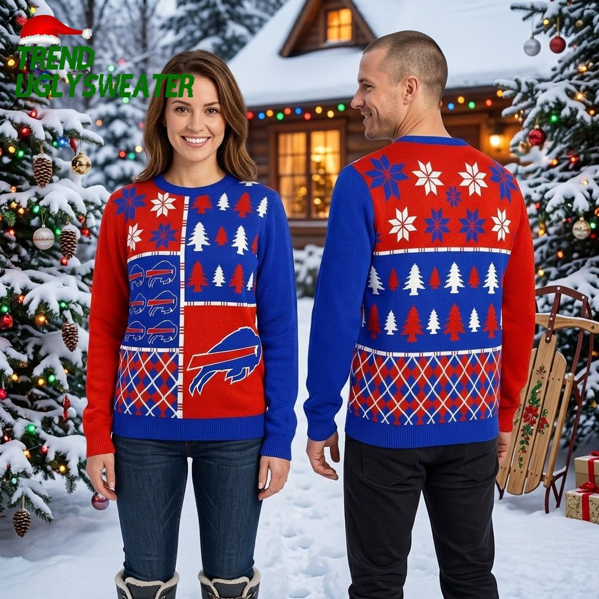 Buffalo Bills Patchwork Logo And Tree Pattern Christmas Sweater