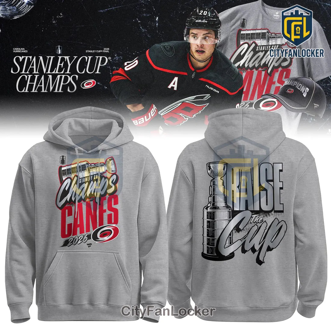 Carolina Hurricanes 2026 Stanley Cup Champions Gray Locker Room Pullover Hoodie