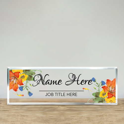 Desk Plaque, Custom Name Plate for Desk, Personalized Name Sign Acrylic Plaque, Flowers Designs On Acrylic Block, Gift for Women, Office Desk Decor