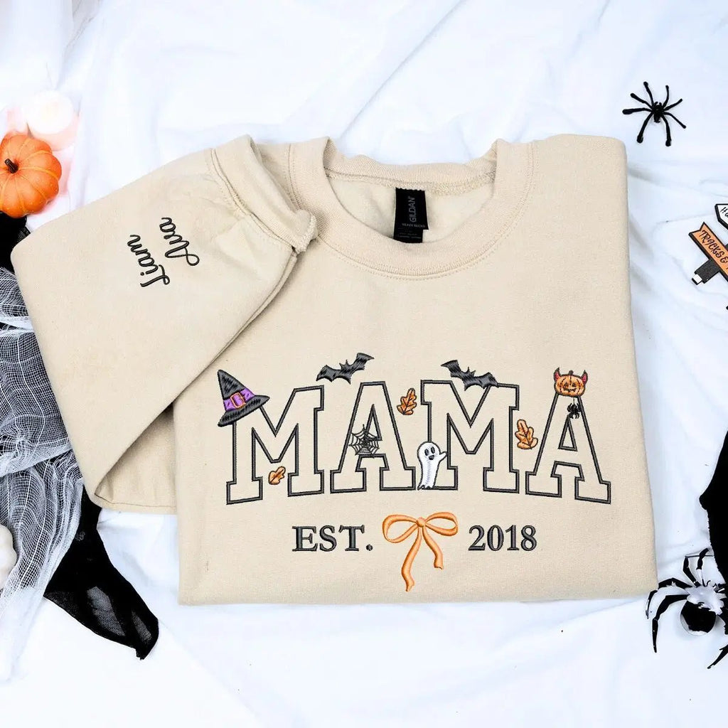 Custom Mama Halloween Sweatshirt with EST, Coquette Bow on Chest, Embroidered Halloween Gift for Her