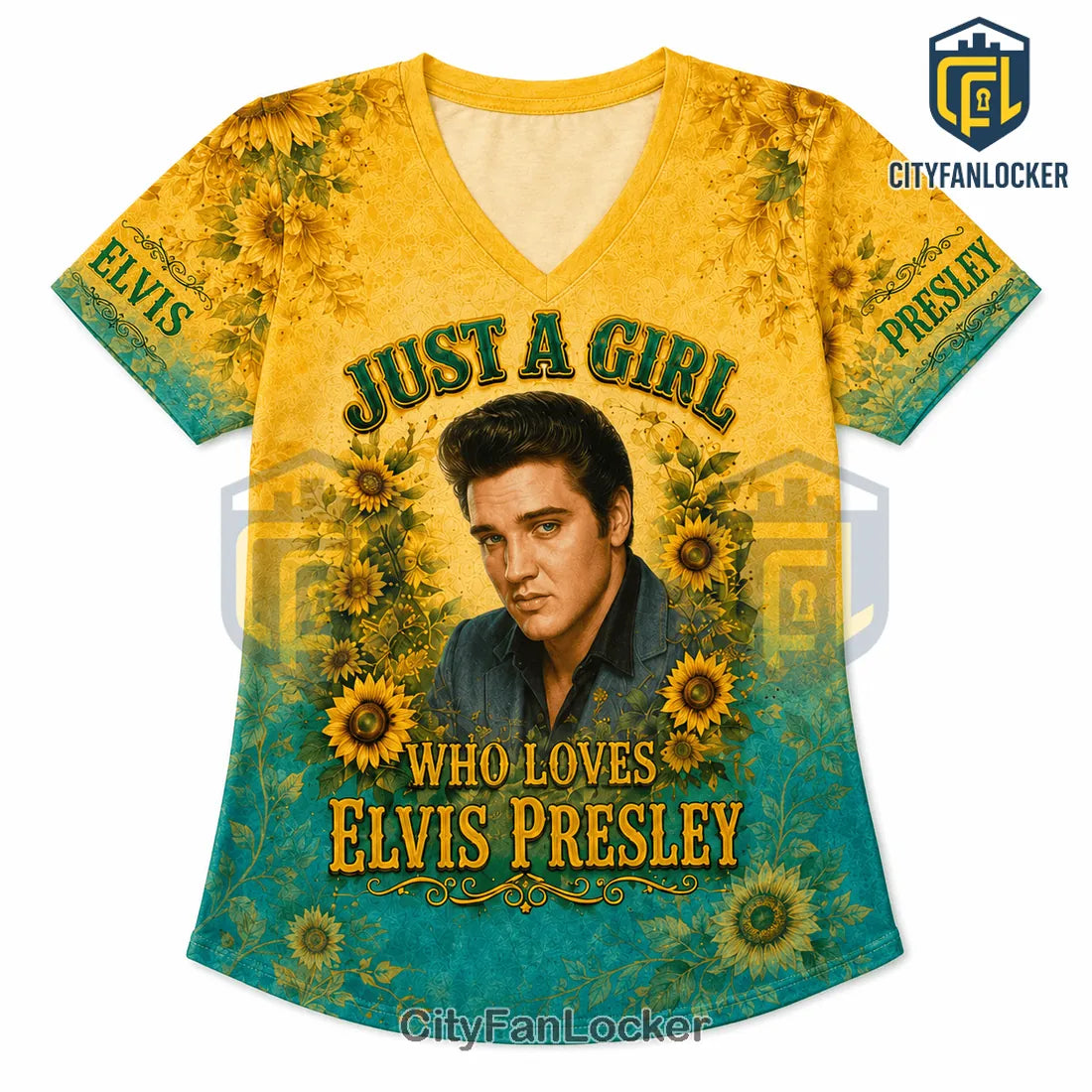 Elvis Presley Sunflower Yellow Turquoise V-Neck T-Shirt
