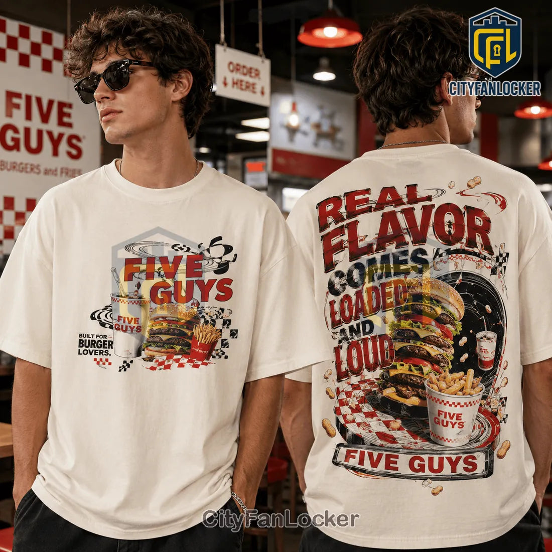Five Guys Real Flavor Burger Fries Off-White T-Shirt