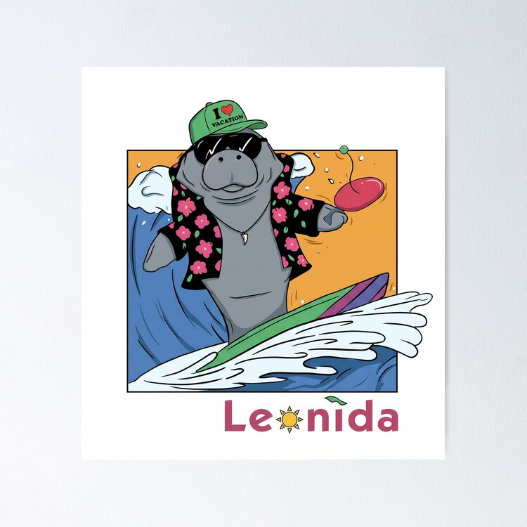 Retro Leonida Surfing Manatee Poster