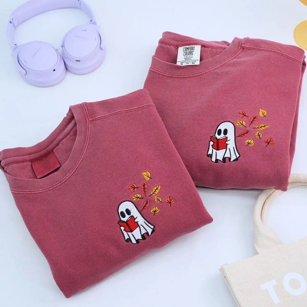 Comfort Color® Embroidered Halloween Ghost Book Lover T-Shirt or Sweatshirt