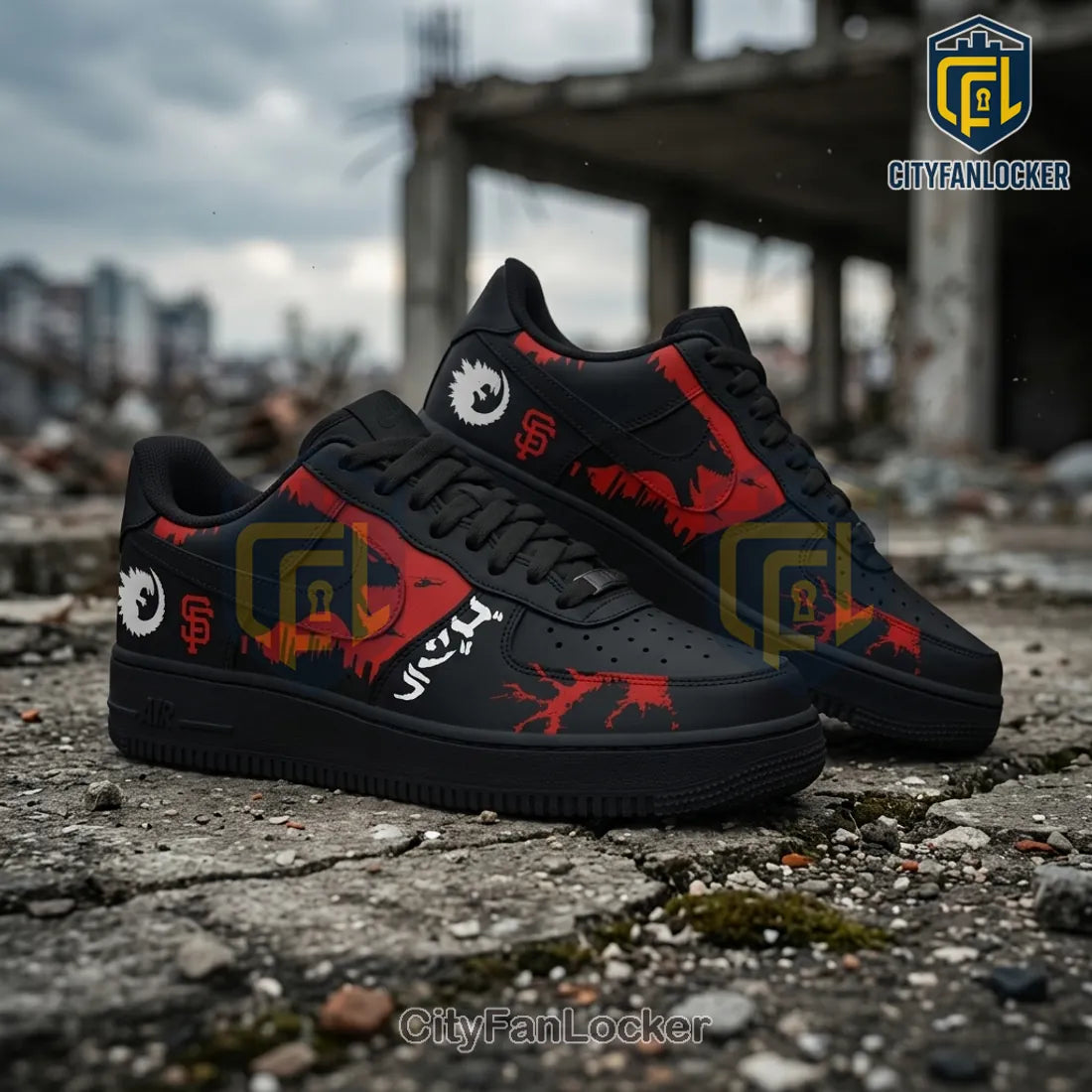 Godzilla x San Francisco Giants Black Red Air Force 1 Sneakers