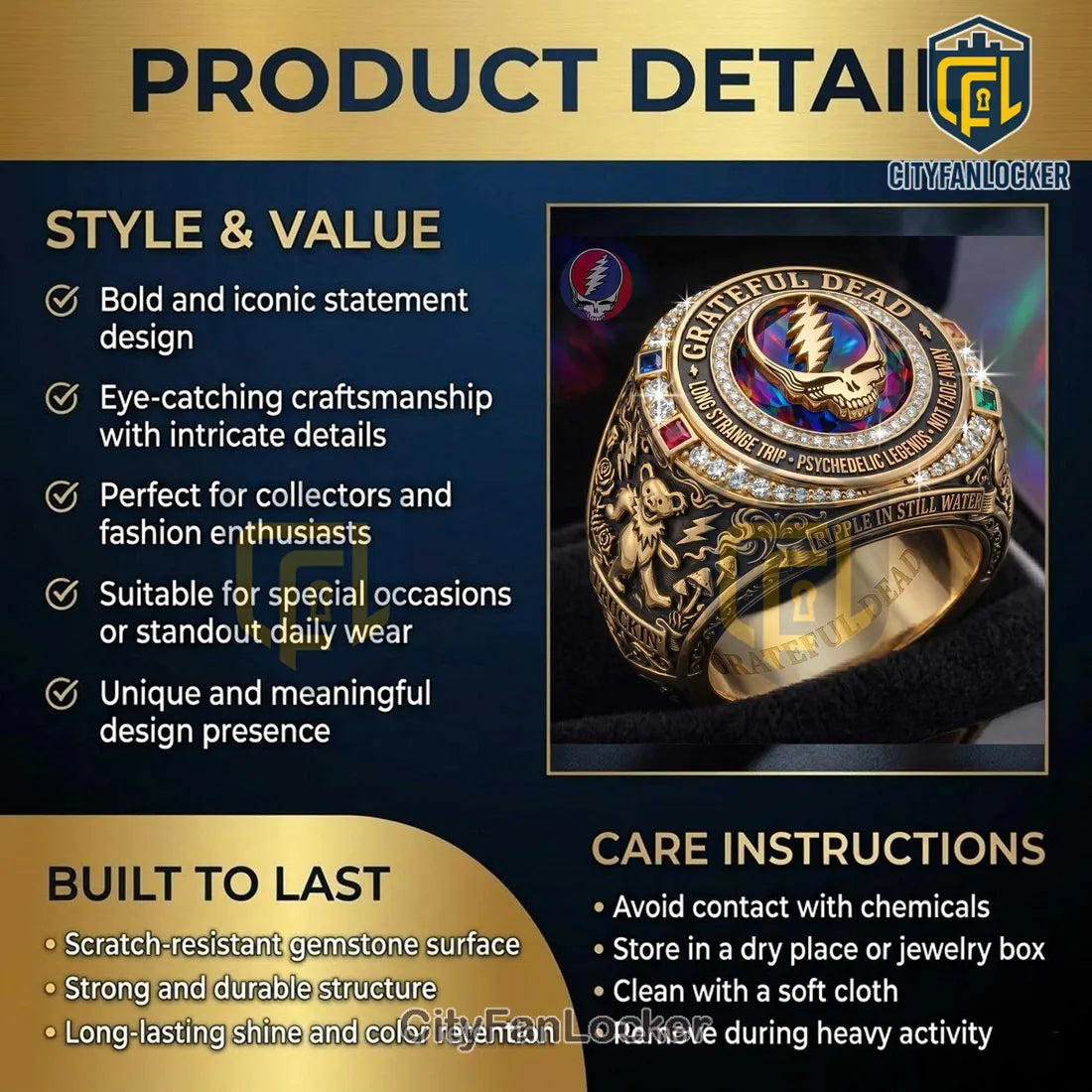 Grateful Dead Steal Your Face Gold Plated Ring