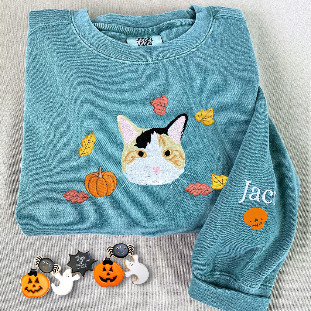 Custom Comfort Colors® Halloween Cat Portrait Sweatshirt - Embroidered Pet Photo with Fall Theme Sweater