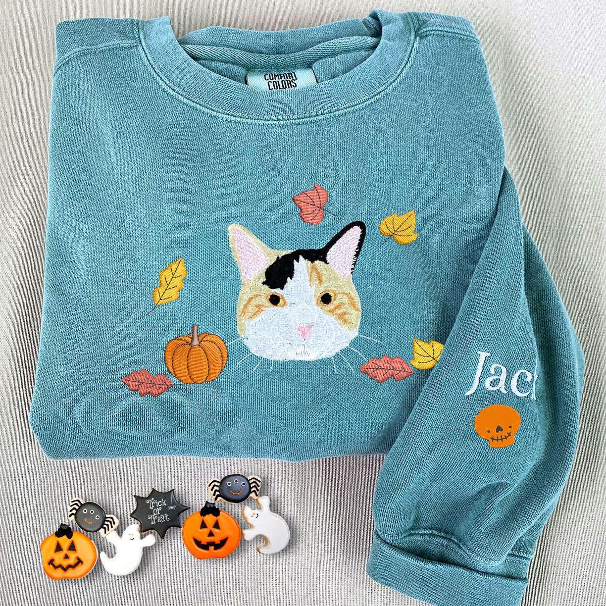 Custom Comfort Colors® Halloween Cat Portrait Sweatshirt - Embroidered Pet Photo with Fall Theme Sweater