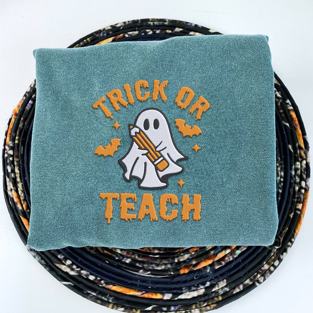 Comfort Color® Embroidered Trick or Teach Halloween T-Shirt or Sweatshirt