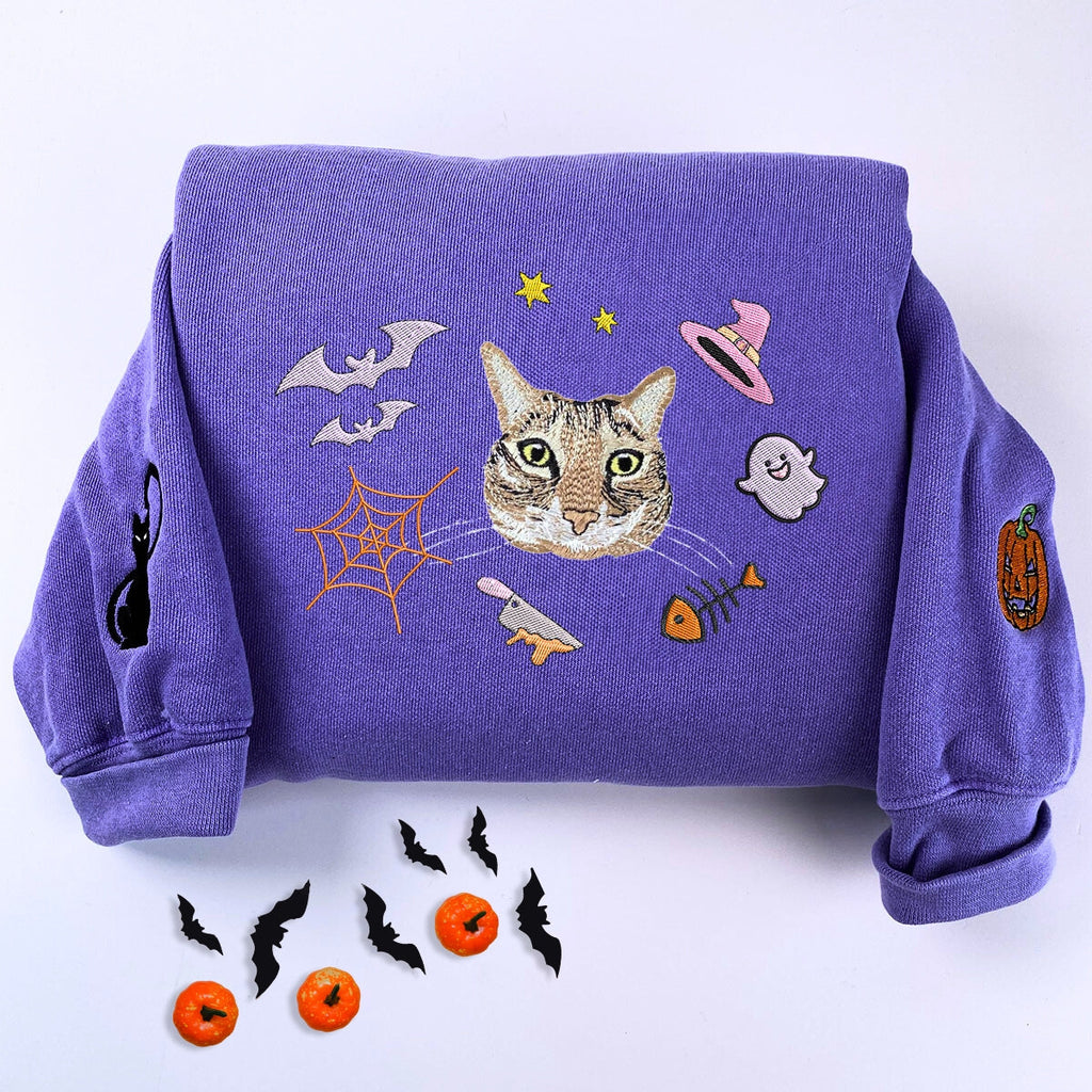 Custom Comfort Colors® Halloween Cat Portrait Sweatshirt - Embroidered Pet Photo with Fall Theme Sweater