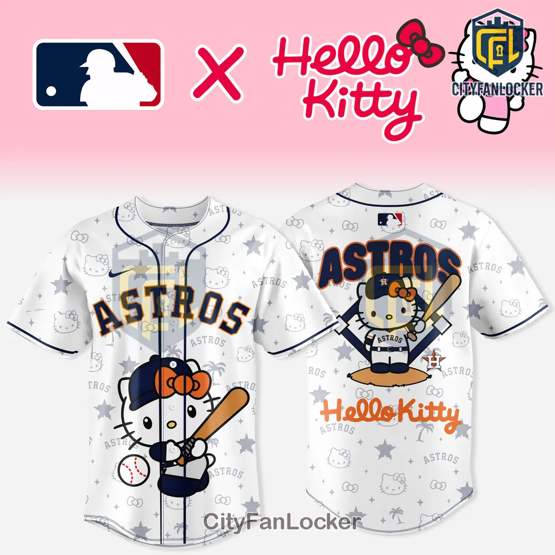 Hello Kitty x Houston Astros White Button Down Baseball Jersey