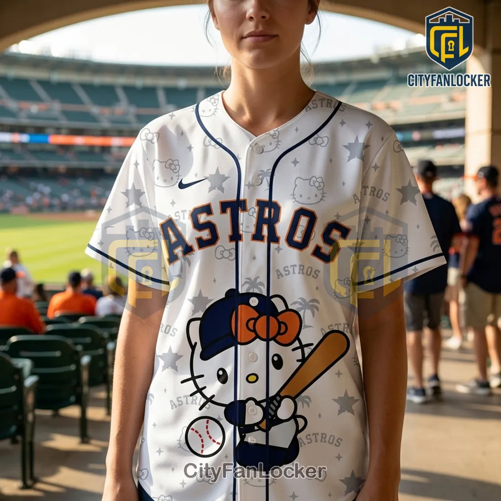 Hello Kitty x Houston Astros White Button Down Baseball Jersey