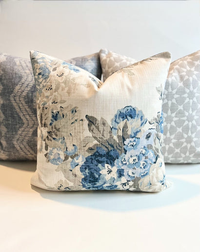 Blue and gray antique floral decorative pillow cover, double sided, cover only