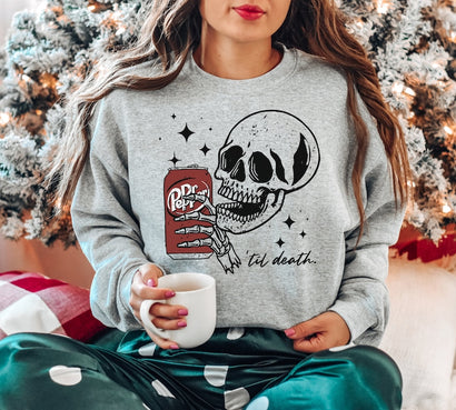 Till Death Dr. Pepper Sweatshirt, Skeleton Sweatshirt, Halloween Sweater, Cute Dr Pepper Shirt, Skeleton drinking Dr. Pepper Sweatshirt