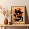 Noodle Black Cat Poster Tokyo Art Print Edo Period Ramen Noodles Art Japan Black Cat Poster Eating Hungry Cat For Kitchen Wall Art
