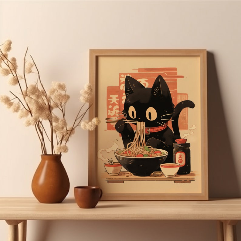 Noodle Black Cat Poster Tokyo Art Print Edo Period Ramen Noodles Art Japan Black Cat Poster Eating Hungry Cat For Kitchen Wall Art