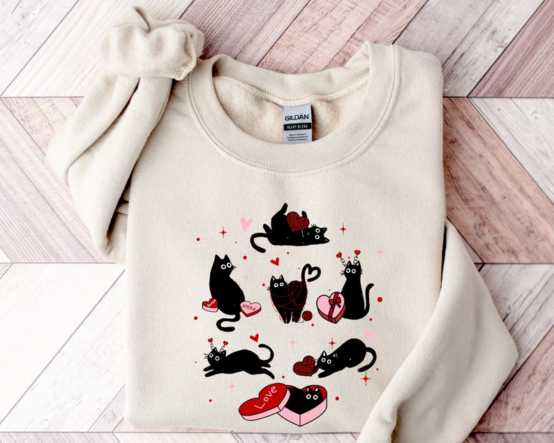 Valentine Black Cat Sweatshirt, Black Cat Love Shirt, Kitten Valentine Shirt, Cat Lover Gift