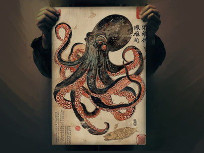 Octopus & Turtle Silk Screen Artwork - Ukiyo-e Inspired Print - Pixiv Featured - Japanese Sea Life Poster