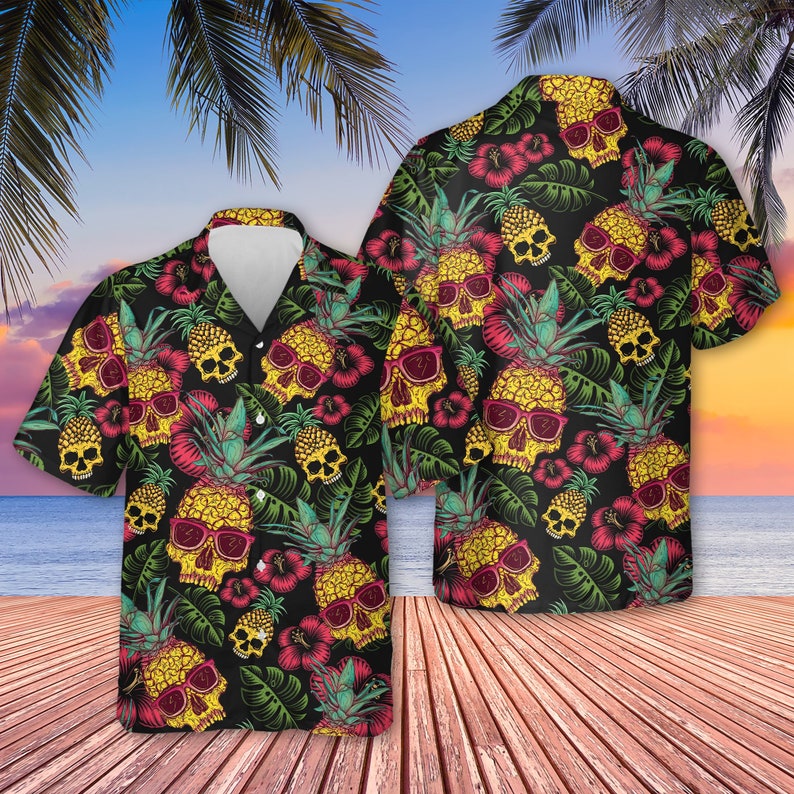 Pineapple Skull Black Hawaiian Shirt, Summer Skull Hawaiian Shirt, Hawaiian Shirt For Men