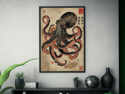 Octopus & Turtle Silk Screen Artwork - Ukiyo-e Inspired Print - Pixiv Featured - Japanese Sea Life Poster